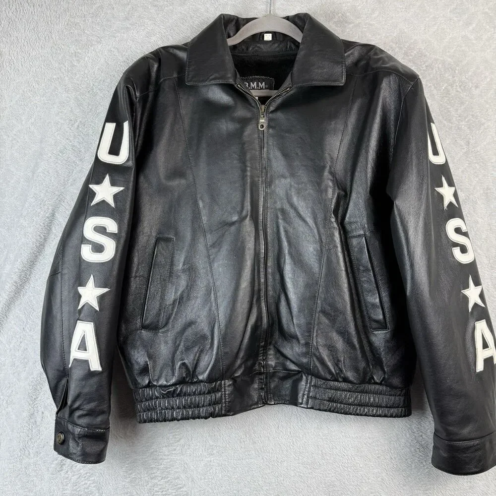 Vtg Leather Bomber Jacket Mens Medium Black USA Flag Biker Grunge Flight 80s 90s - Picture 3 of 14